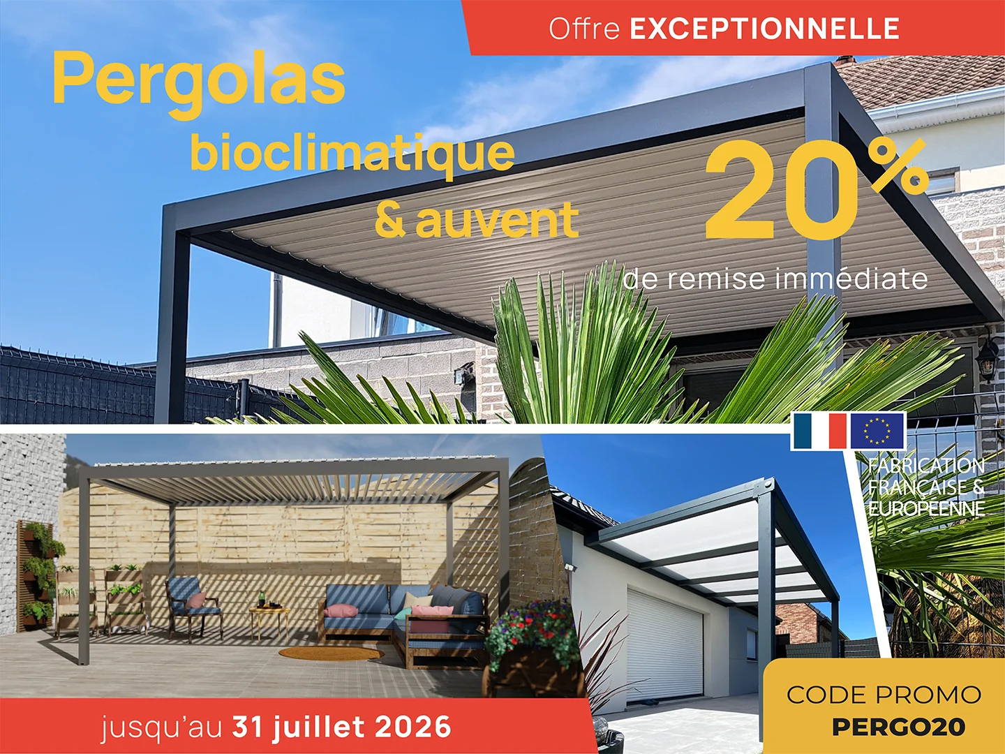 Pergola Bioclimatique et auvent en promotion